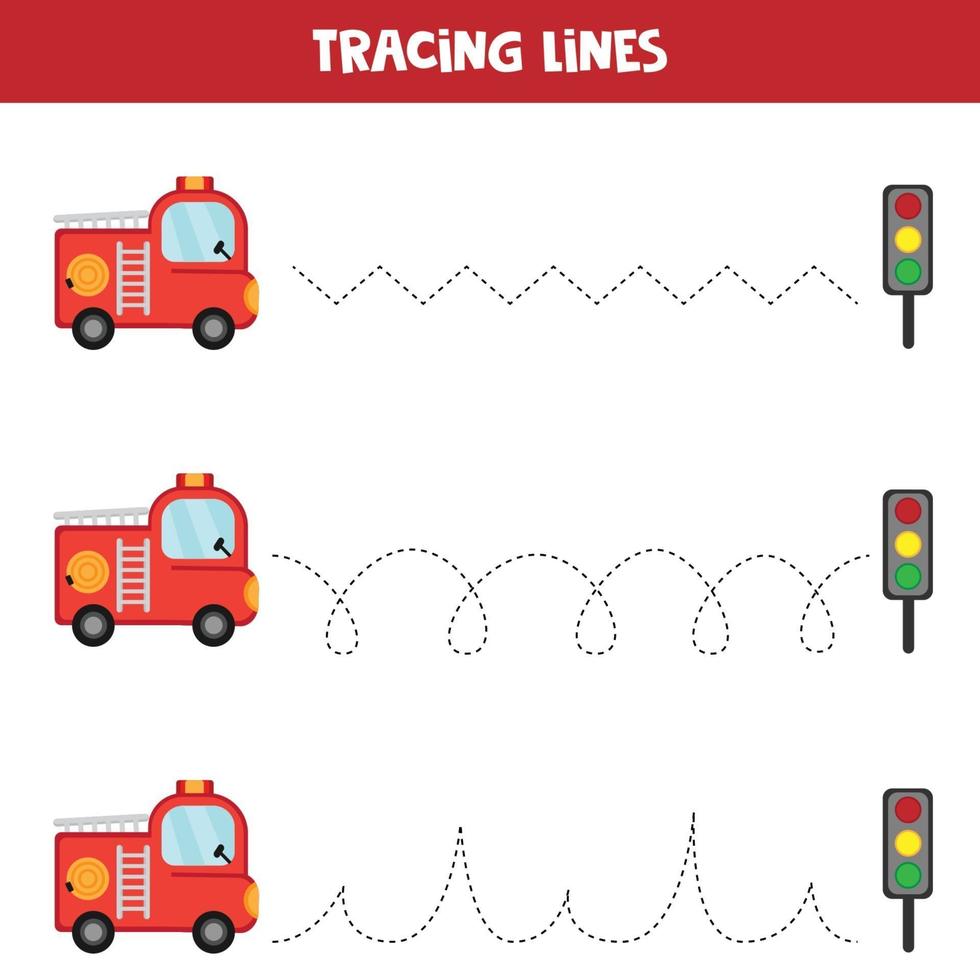 tracer des lignes avec un camion de pompiers. feuille de travail éducative pour les enfants. pratique de l'écriture manuscrite. vecteur