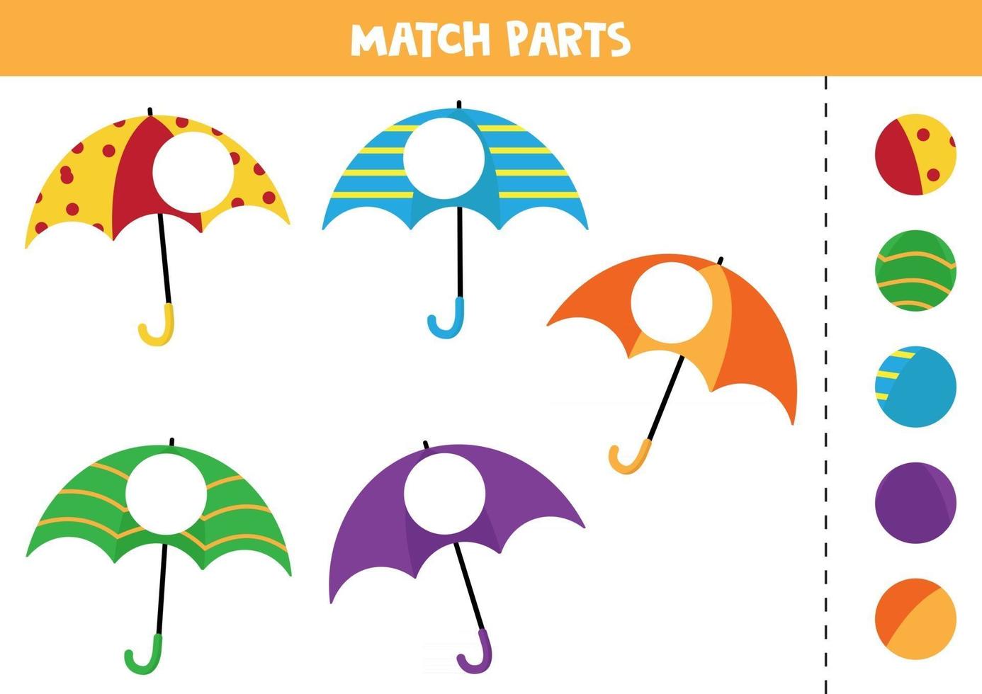 feuille de travail éducative pour les enfants d'âge préscolaire. faire correspondre les parties des parapluies. vecteur