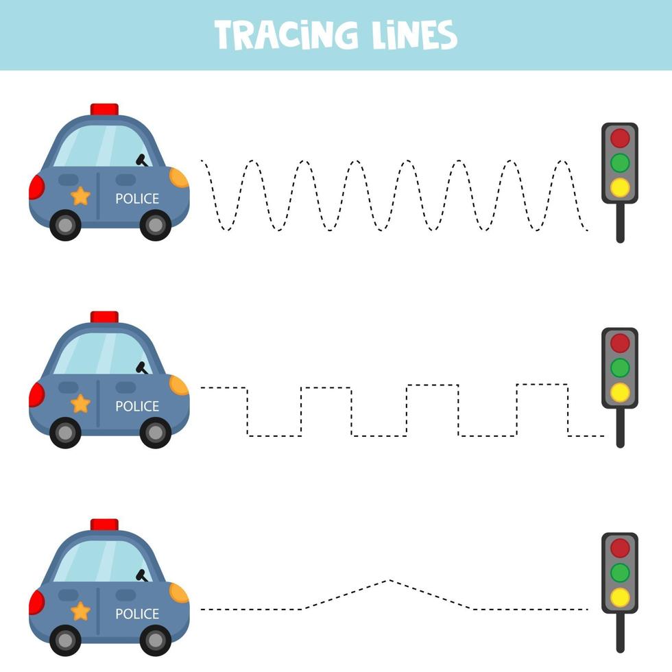 jeu éducatif pour les enfants d'âge préscolaire. tracer des lignes avec une voiture de police. pratique de l'écriture manuscrite. vecteur