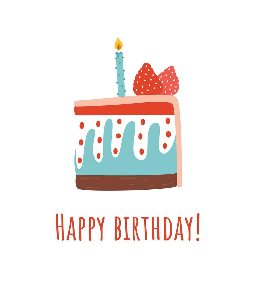 mignonne content anniversaire carte avec pièce de gâteau et bougies. vecteur illustration