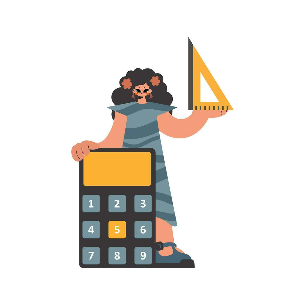 le excité femme détient une règle et une calculatrice dans sa mains, conservé sur une blanc établissement. branché style, vecteur illustration