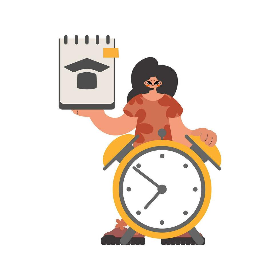 animé femme avec hypothétique et mise en garde horloge, isolé sur blanc établissement. branché style, vecteur illustration