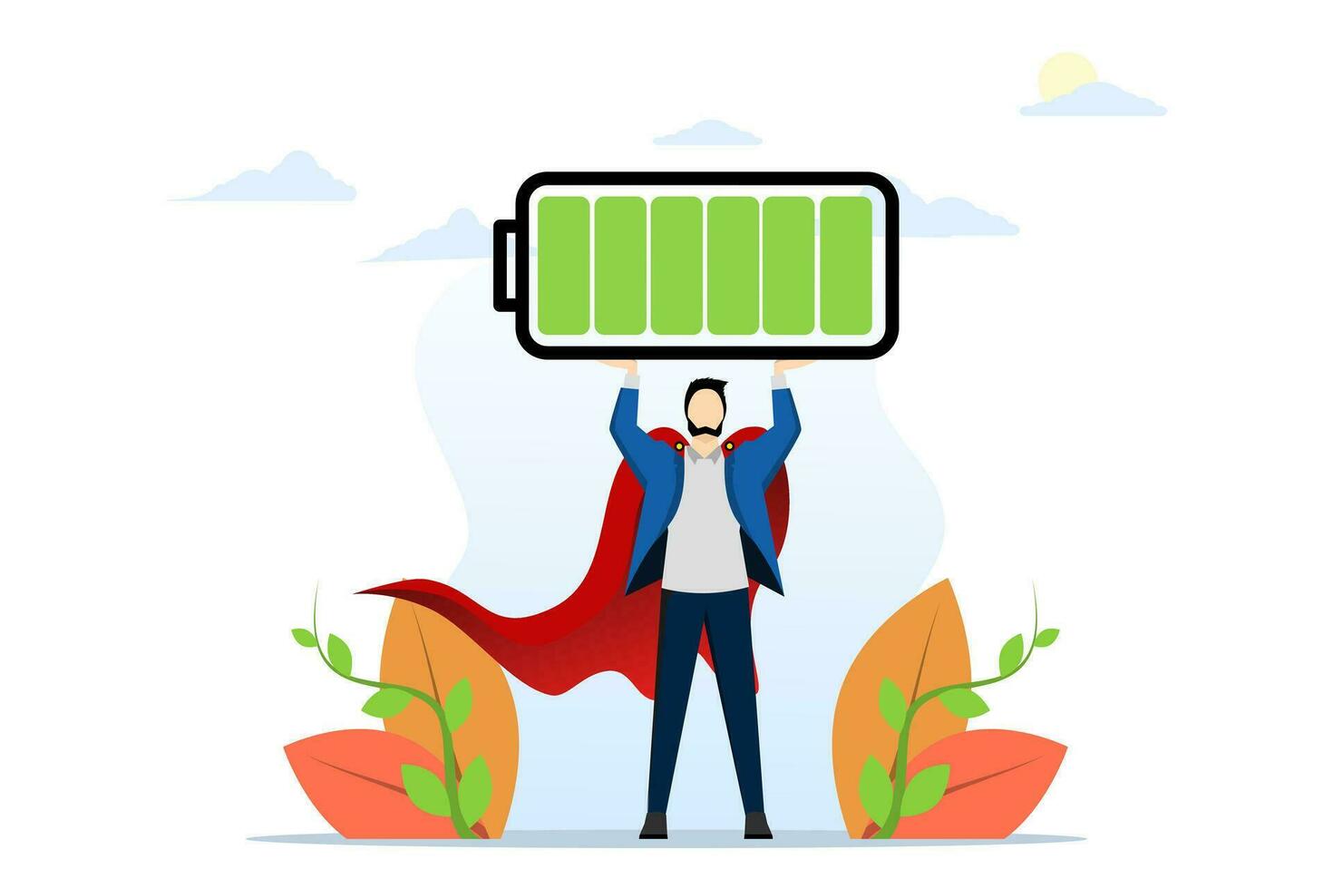 plein batterie recharger concept, plein énergie à travail ou rafraîchir toi même de fatigue, fatigue récupération, productif et efficace, énergique homme d'affaire super-héros porter plein rechargeable batterie. vecteur