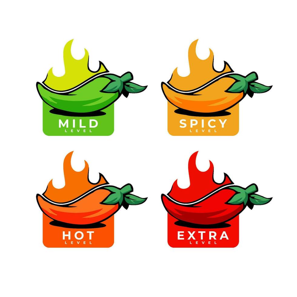 chaud épicé niveau Étiquettes de vecteur jalapeno, le Chili, Cayenne poivrons avec Feu flammes. épicé nourriture ou sauce goût échelle indicateurs, vert, rouge, Jaune et Orange évaluation panneaux pour chaud, supplémentaire et doux goût