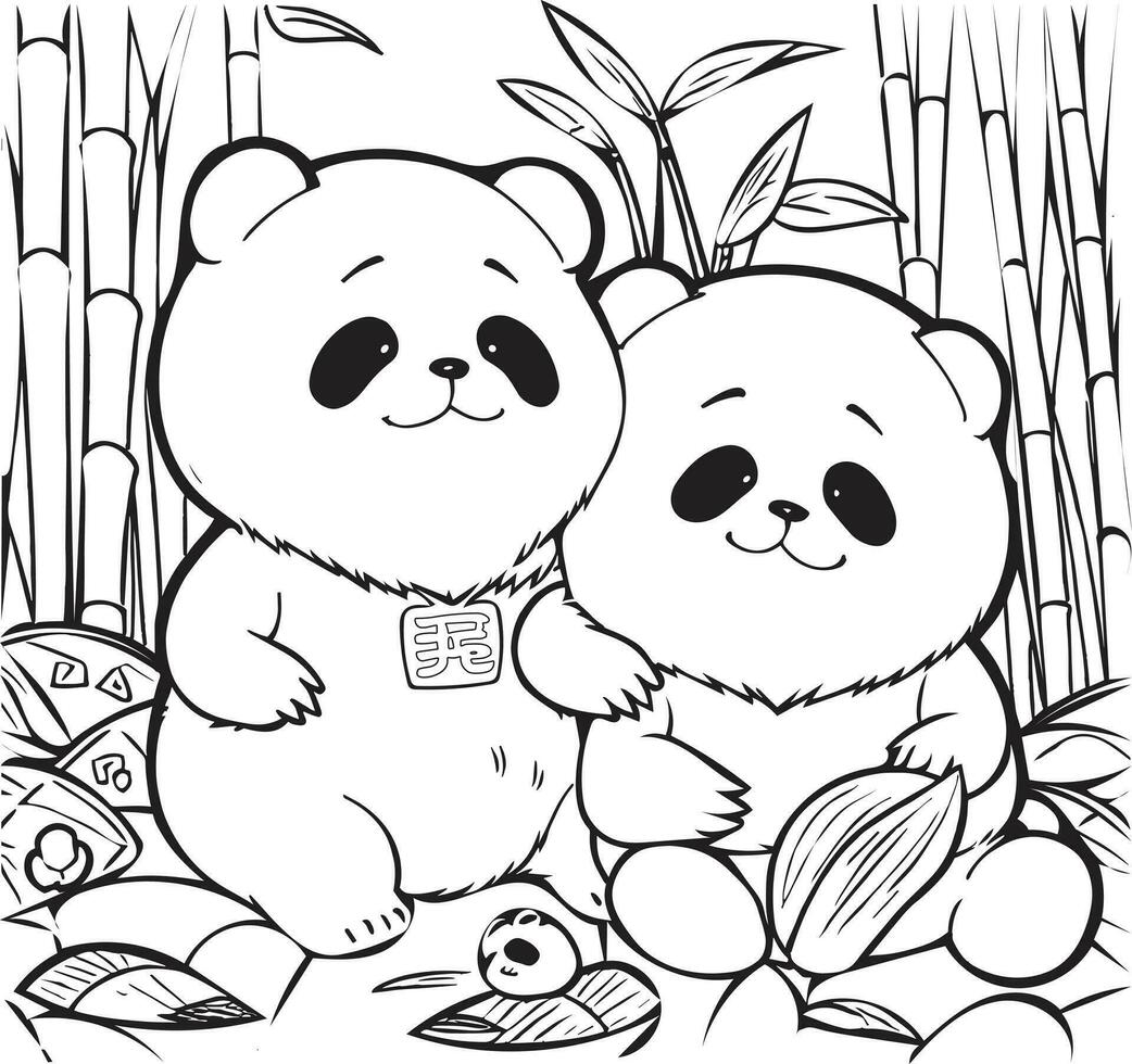 Panda avec bambou coloration livre, vecteur illustration