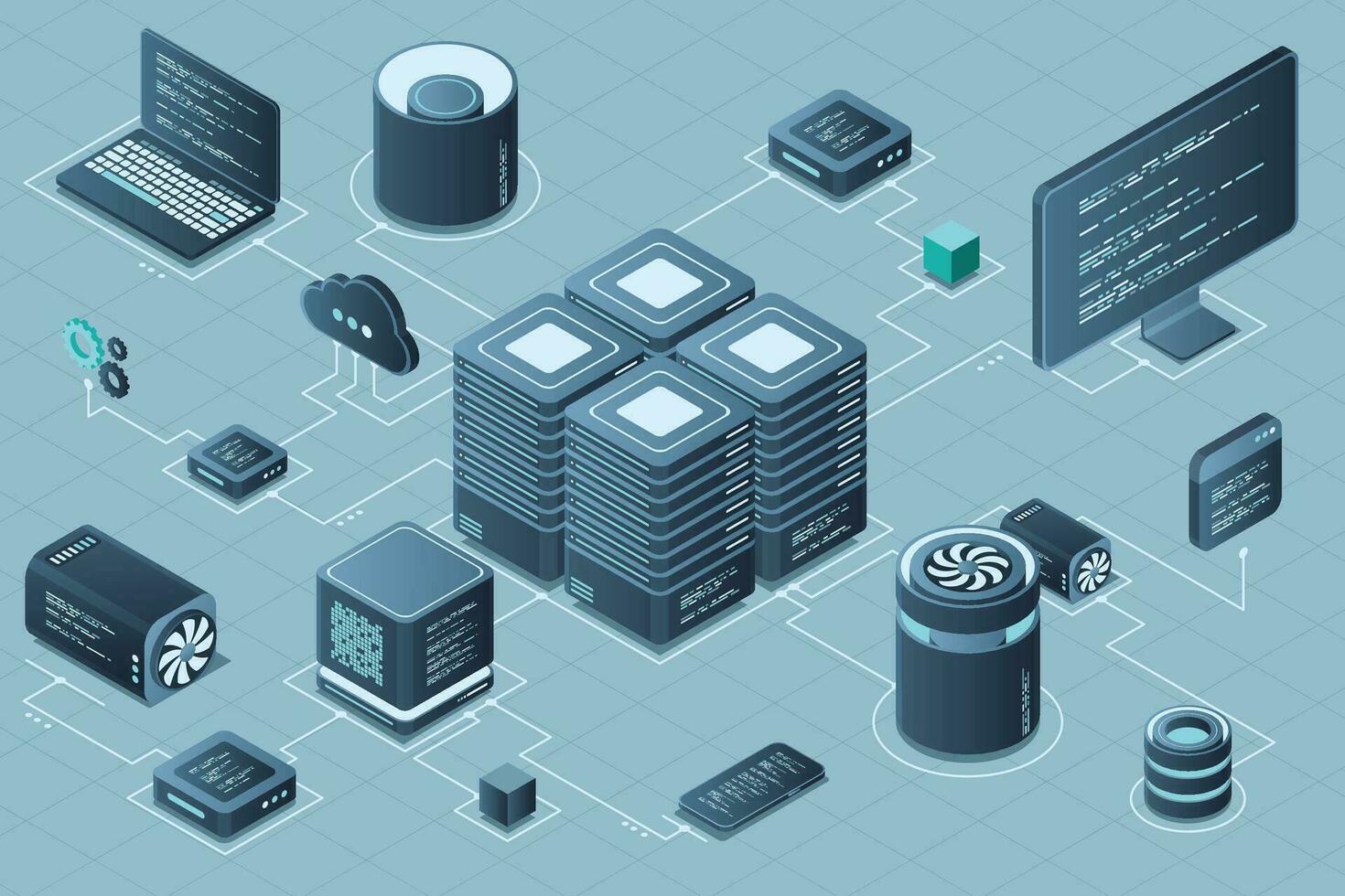 ordinateur La technologie isométrique illustration. calcul de gros Les données centre. nuage l'informatique. en ligne dispositifs télécharger et Télécharger information. moderne 3d isométrique vecteur illustration