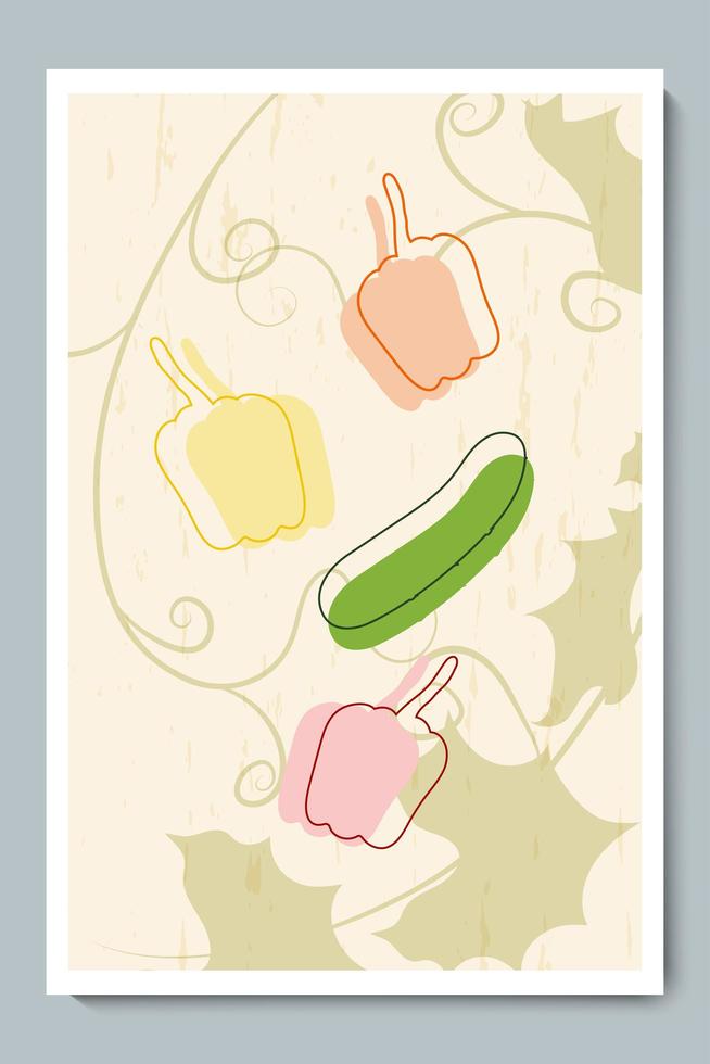 affiche de contour de poivron et de concombre. légumes minimalistes avec une forme simple, un contour et des feuilles vertes. vecteur