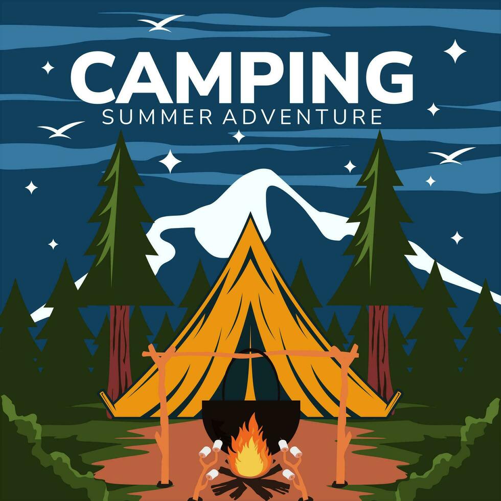 camping été aventure prospectus Extérieur des loisirs avec tente feu vecteur illustration