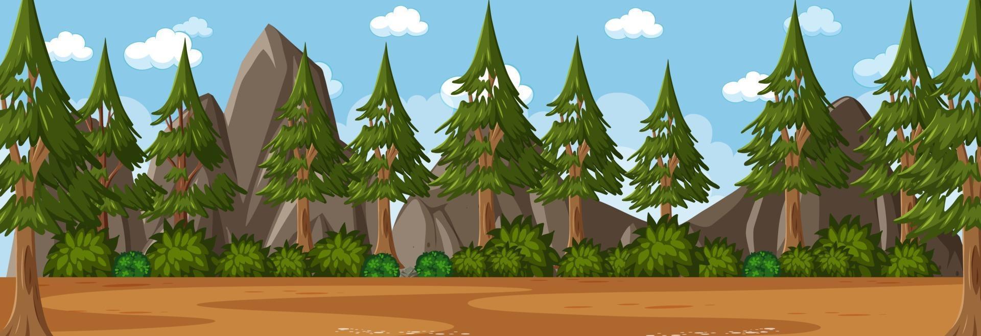 scène horizontale de la forêt au moment de la journée avec de nombreux pins background vecteur