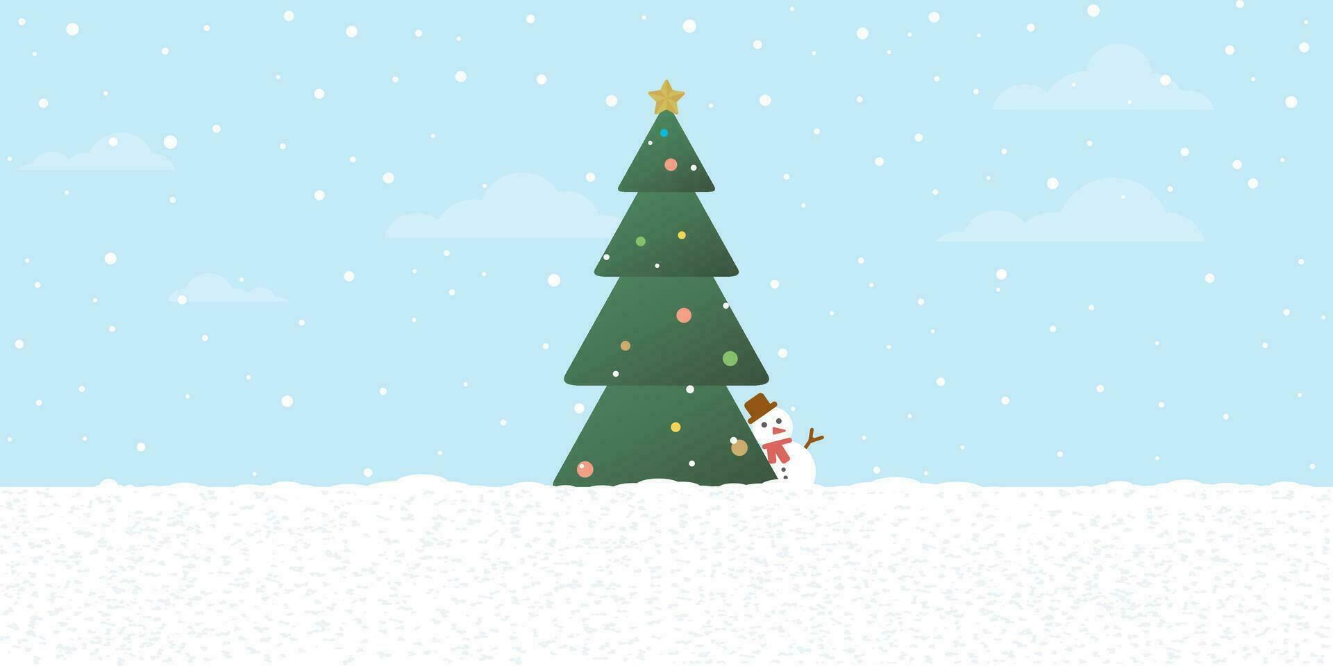 paysage de neige avec décoré Noël arbre et bonhomme de neige derrière plat conception vecteur illustration. joyeux Noël et content Nouveau année salutation carte modèle avoir Vide espace.