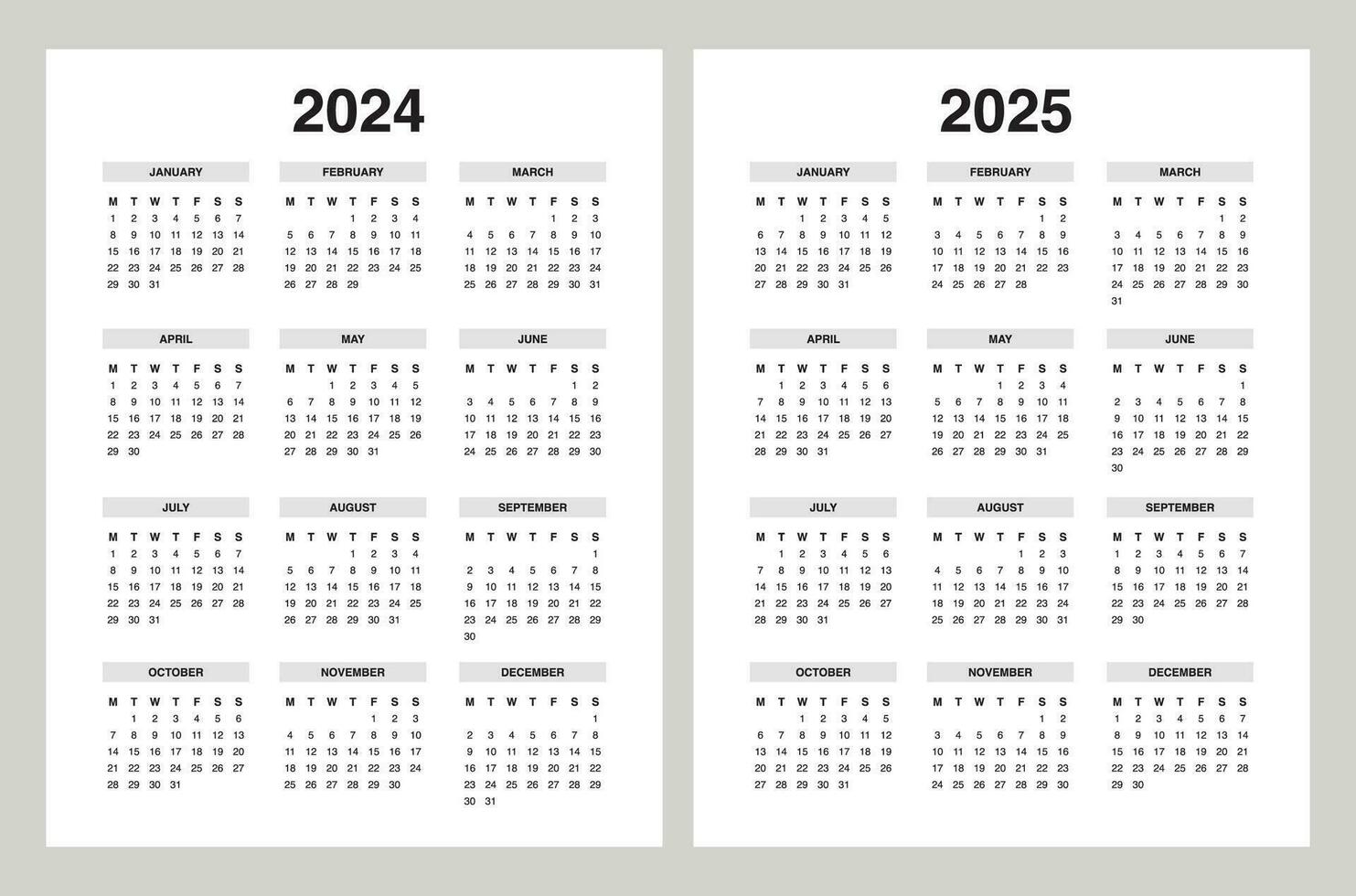 Facile calendrier 2024, calendrier 2025 la semaine début Lundi vecteur
