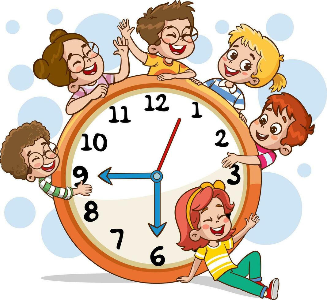 enseignement le concept de temps.mignon les enfants l'horloge modèle illustration.peu les enfants en portant une horloge.enfants avec horloge. vecteur illustration de une garçon et une fille avec horloges.