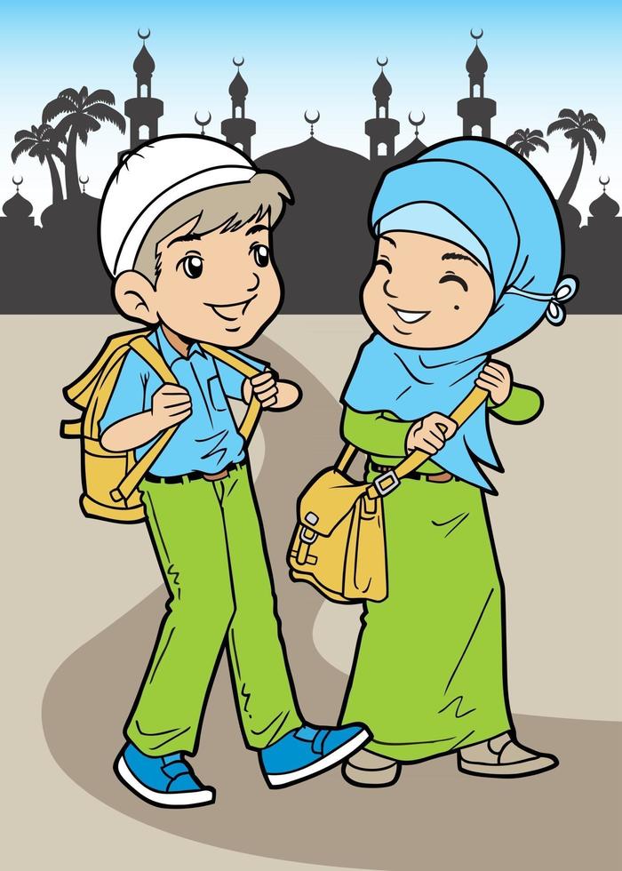deux jeunes musulmans descendent de l'école vecteur