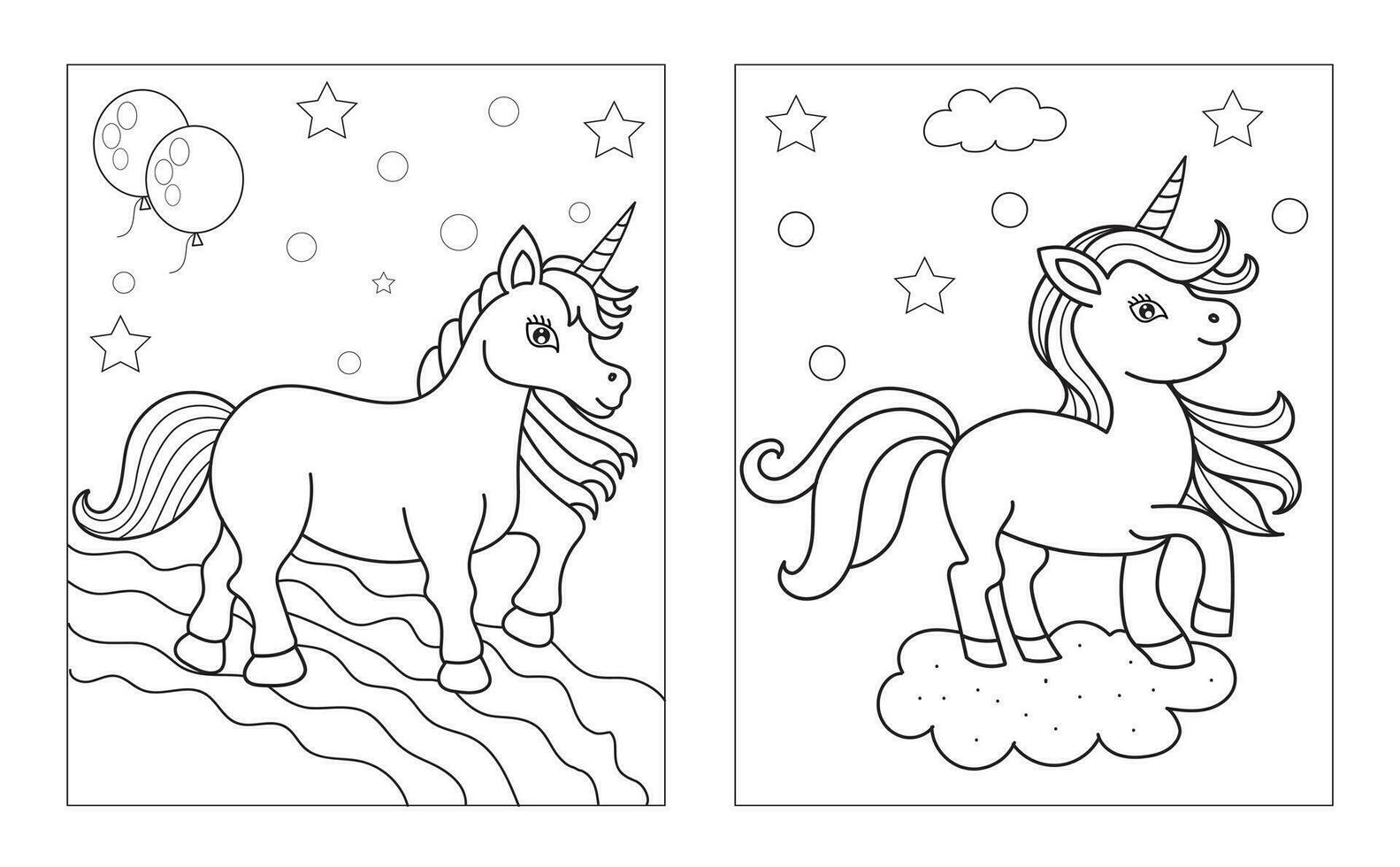 coloration page avec mignonne Licorne. vecteur noir et blanc image pour les enfants. cool licornes avec arc-en-ciel, fleurs, bonbons.