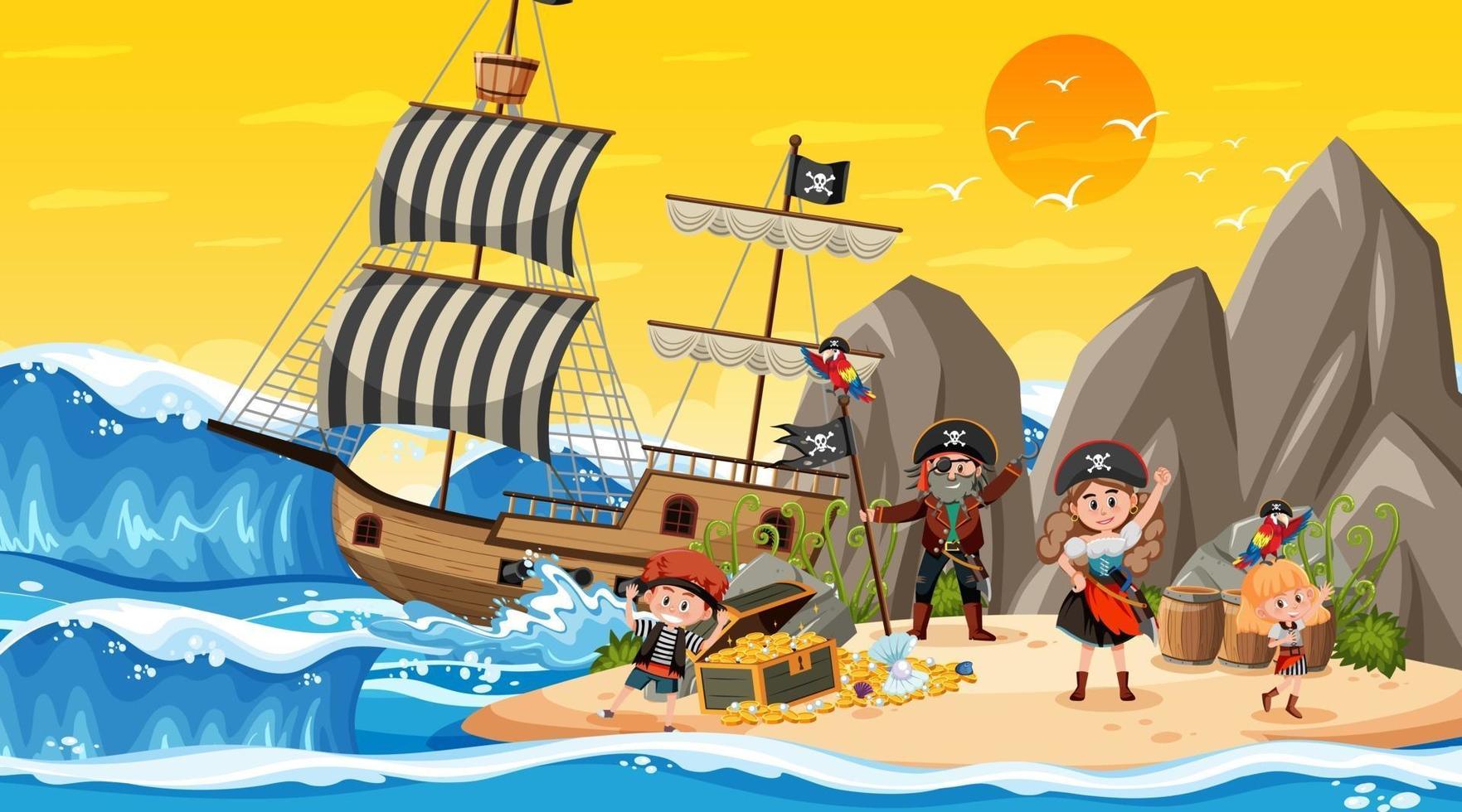 Scène d & # 39; île au trésor au coucher du soleil avec des enfants pirates vecteur