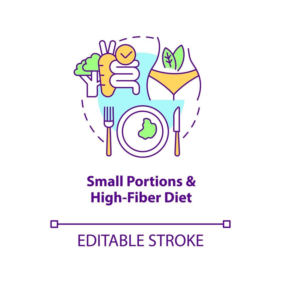 petites portions et icône de concept de régime riche en fibres. manger en petites quantités. alimentation saine pour le diabète idée abstraite fine ligne illustration. dessin de couleur de contour isolé de vecteur. trait modifiable vecteur