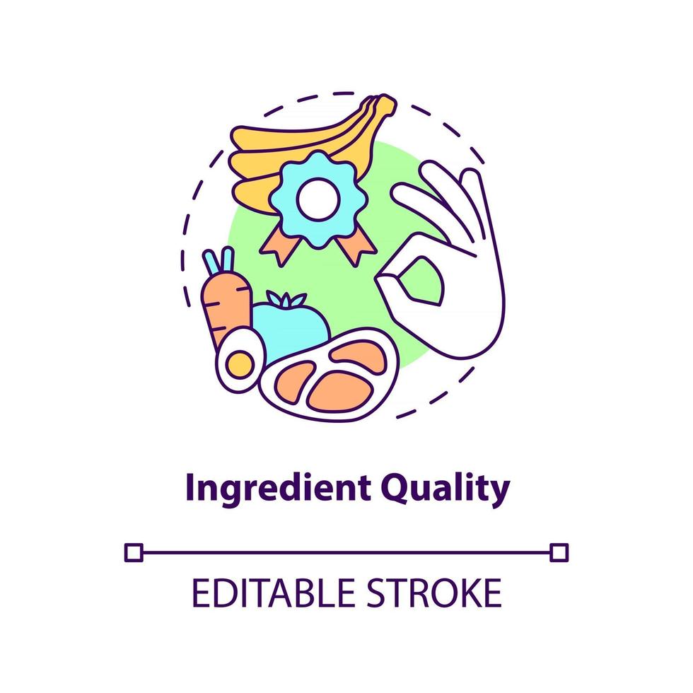 icône de concept de qualité des ingrédients. manger des aliments biologiques. préparer un repas à partir d'aliments naturels. illustration de la ligne mince de l'idée abstraite de la vie saine. dessin de couleur de contour isolé de vecteur. trait modifiable vecteur