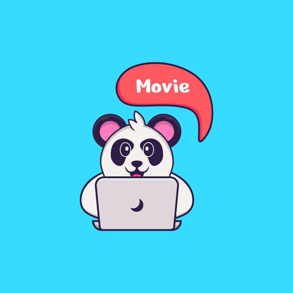 panda mignon regarde un film. concept de dessin animé animal isolé. peut être utilisé pour un t-shirt, une carte de voeux, une carte d'invitation ou une mascotte. style cartoon plat vecteur