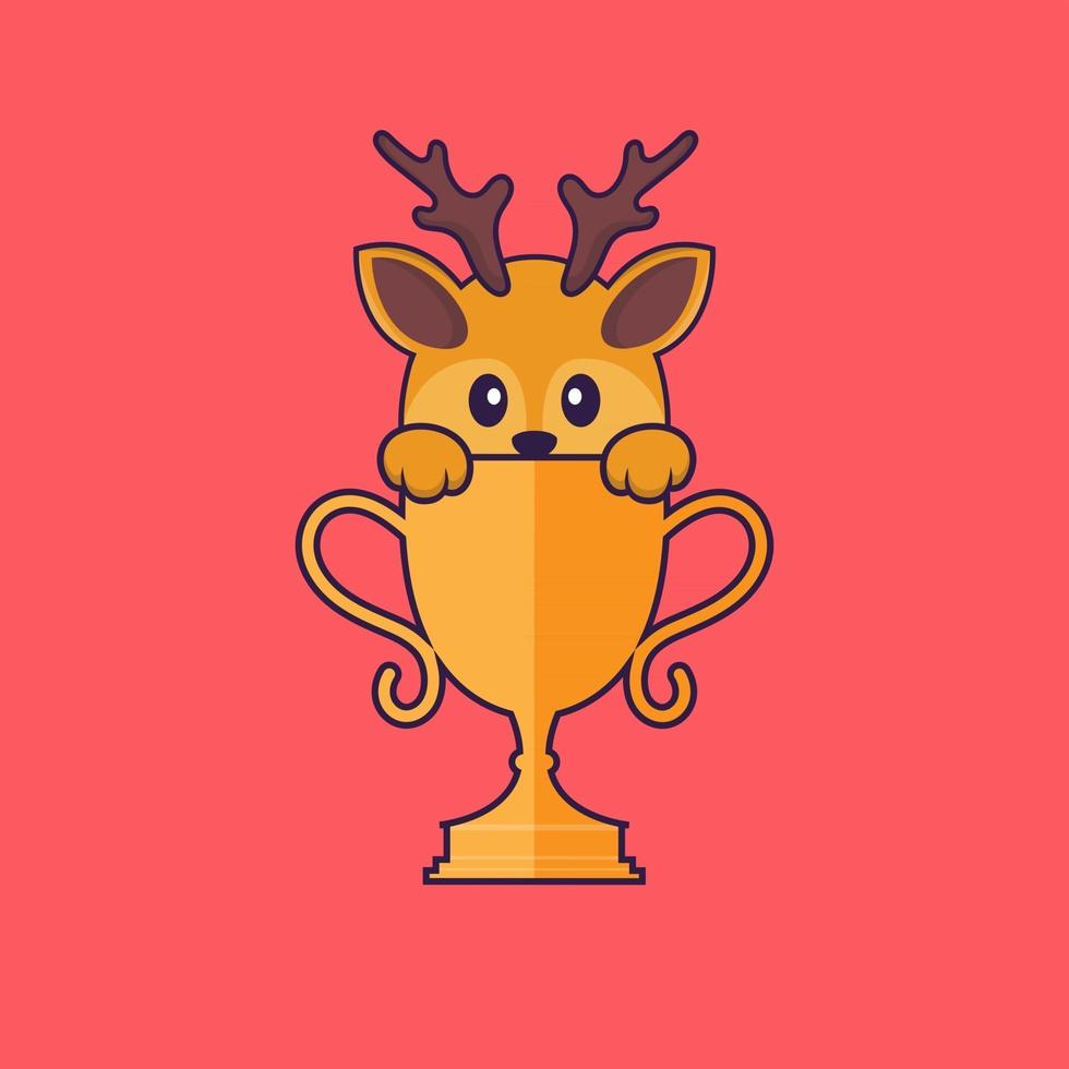 cerf mignon avec trophée d'or. concept de dessin animé animal isolé. peut être utilisé pour un t-shirt, une carte de voeux, une carte d'invitation ou une mascotte. style cartoon plat vecteur