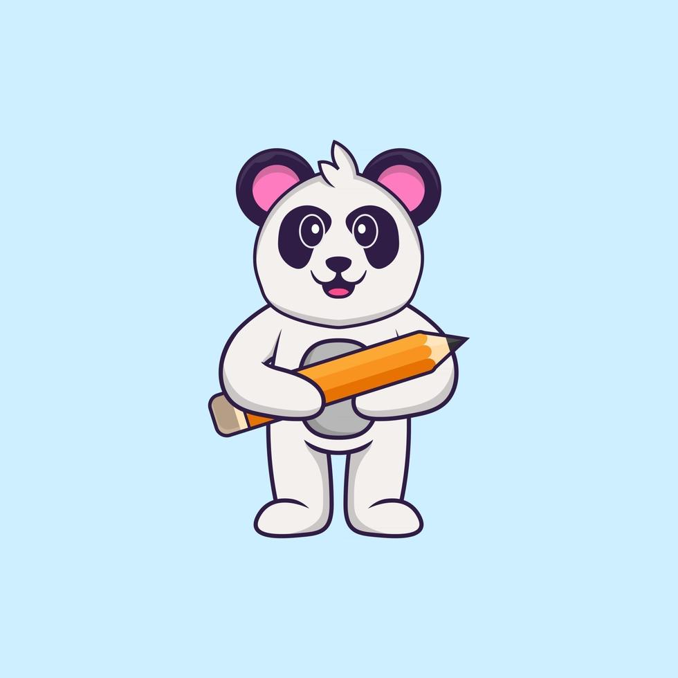 panda mignon tenant un crayon. concept de dessin animé animal isolé. peut être utilisé pour un t-shirt, une carte de voeux, une carte d'invitation ou une mascotte. style cartoon plat vecteur