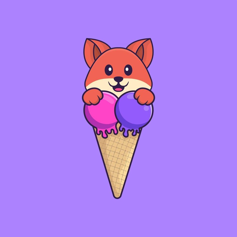 renard mignon avec de la crème glacée sucrée. concept de dessin animé animal isolé. peut être utilisé pour un t-shirt, une carte de voeux, une carte d'invitation ou une mascotte. style cartoon plat vecteur