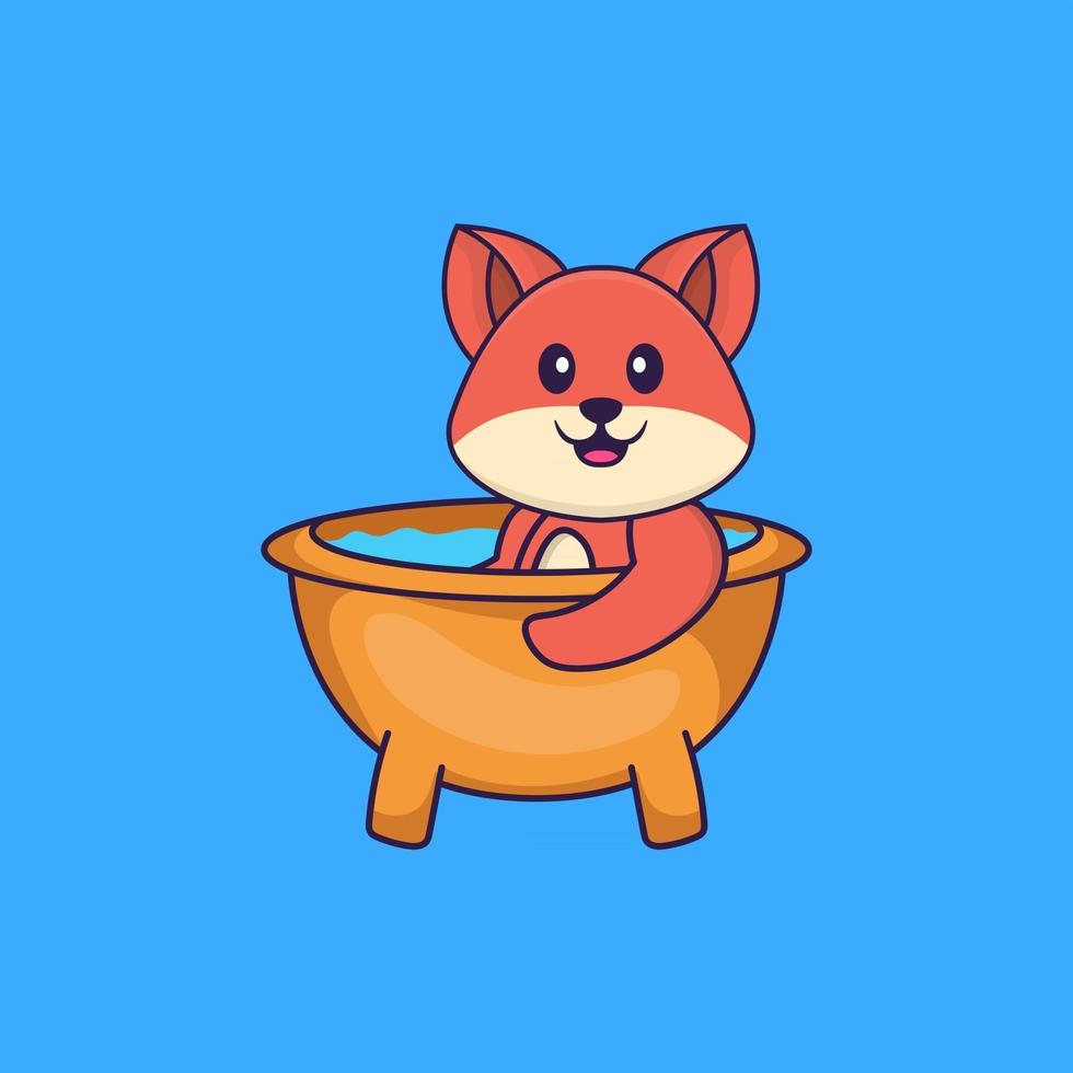 renard mignon prenant un bain dans la baignoire. concept de dessin animé animal isolé. peut être utilisé pour un t-shirt, une carte de voeux, une carte d'invitation ou une mascotte. style cartoon plat vecteur