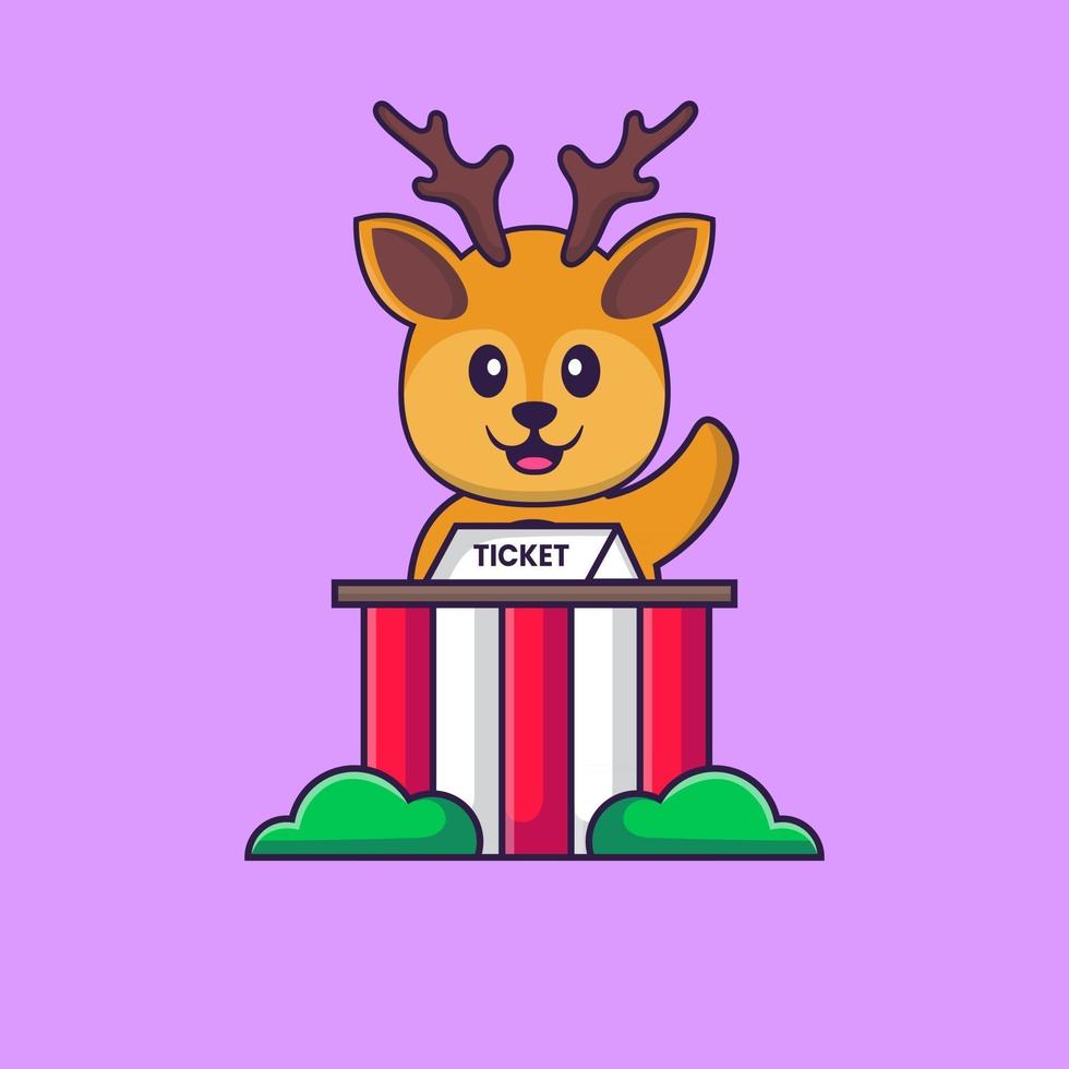 le cerf mignon est un gardien de billets. concept de dessin animé animal isolé. peut être utilisé pour un t-shirt, une carte de voeux, une carte d'invitation ou une mascotte. style cartoon plat vecteur