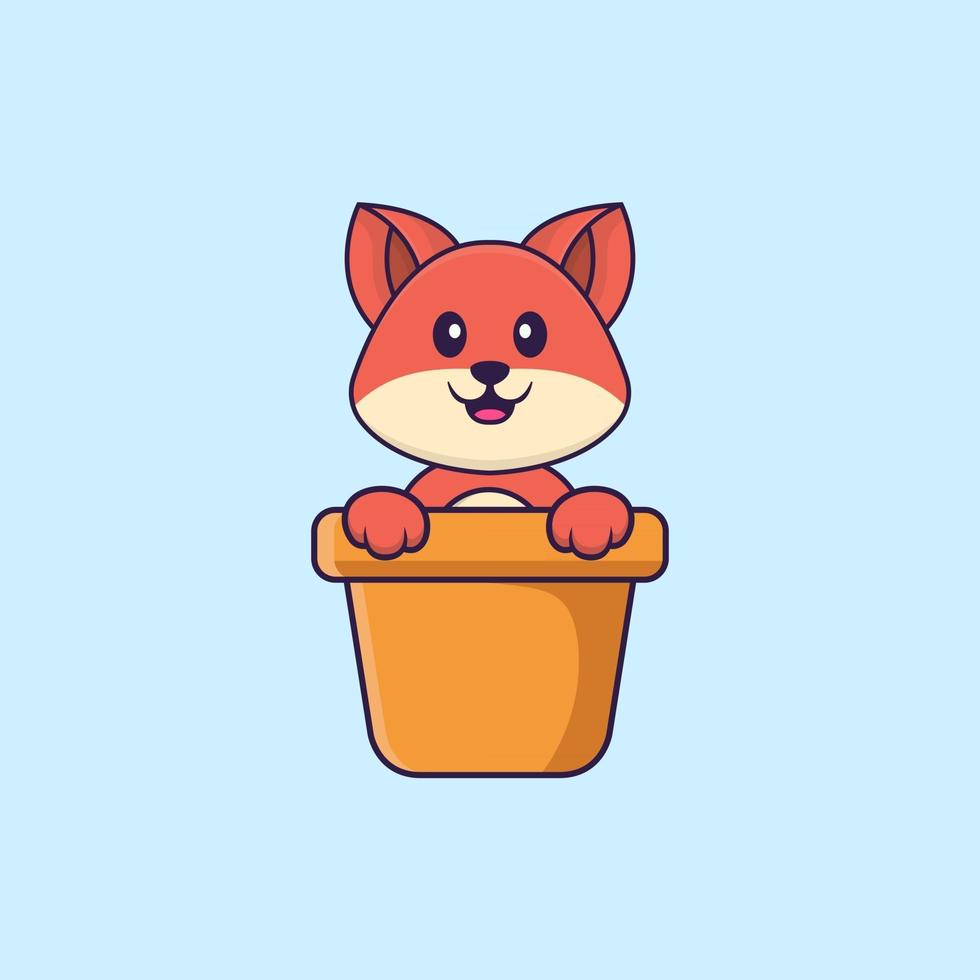 renard mignon dans un vase à fleurs. concept de dessin animé animal isolé. peut être utilisé pour un t-shirt, une carte de voeux, une carte d'invitation ou une mascotte. style cartoon plat vecteur