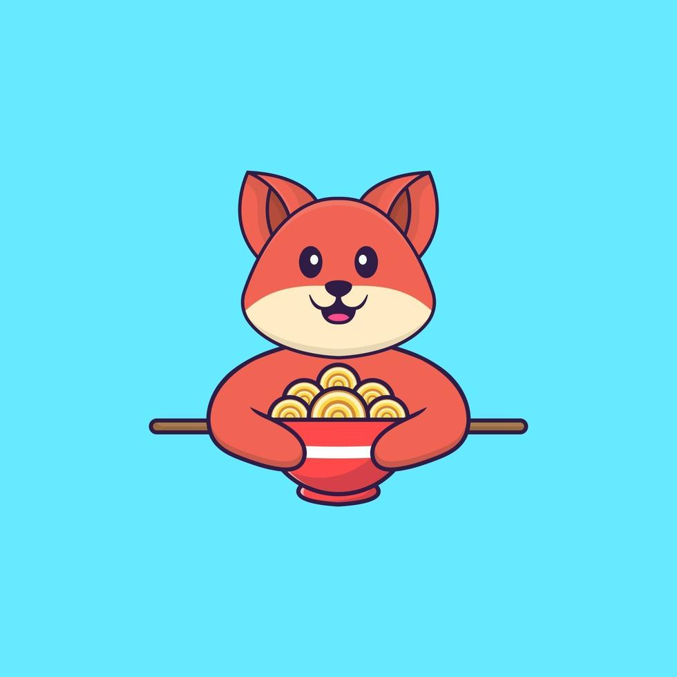 renard mignon mangeant des nouilles ramen. concept de dessin animé animal isolé. peut être utilisé pour un t-shirt, une carte de voeux, une carte d'invitation ou une mascotte. style cartoon plat vecteur