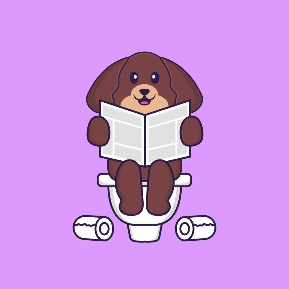 chien mignon caca sur les toilettes et lire le journal. concept de dessin animé animal isolé. peut être utilisé pour un t-shirt, une carte de voeux, une carte d'invitation ou une mascotte. style cartoon plat vecteur