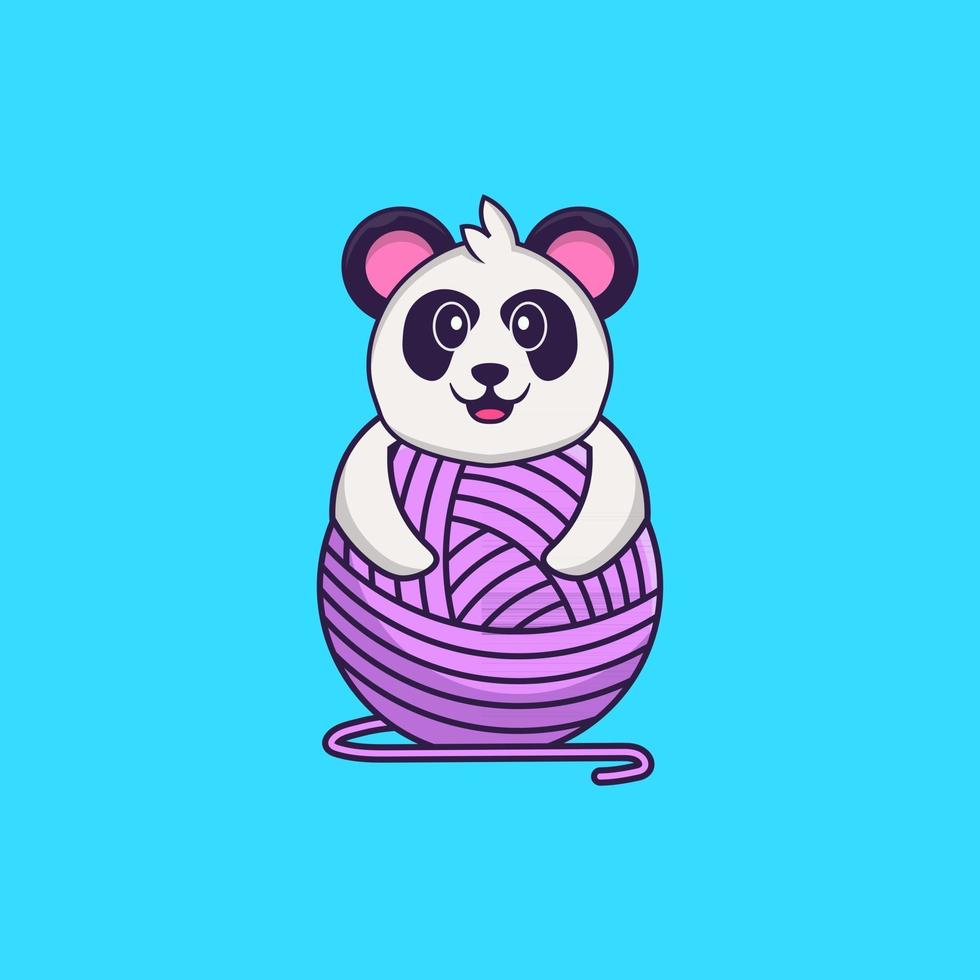 panda mignon jouant avec du fil de laine. concept de dessin animé animal isolé. peut être utilisé pour un t-shirt, une carte de voeux, une carte d'invitation ou une mascotte. style cartoon plat vecteur