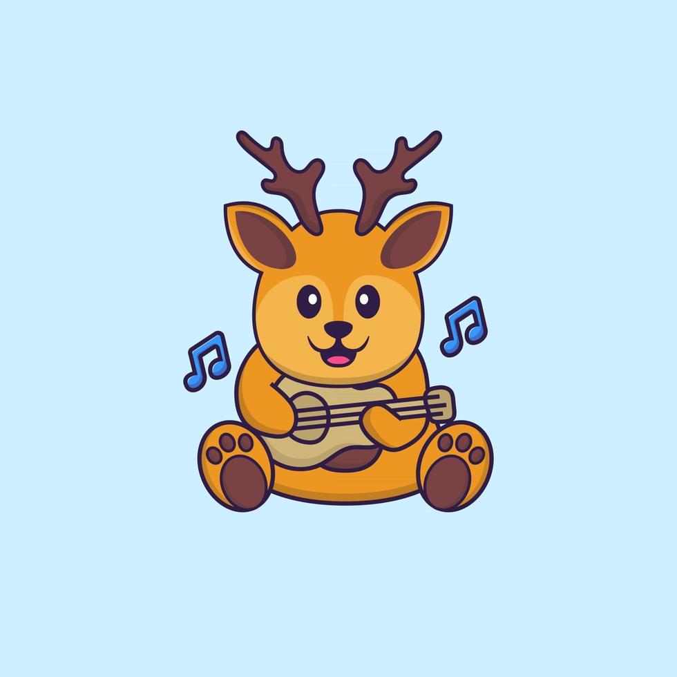 cerf mignon jouant de la guitare. concept de dessin animé animal isolé. peut être utilisé pour un t-shirt, une carte de voeux, une carte d'invitation ou une mascotte. style cartoon plat vecteur