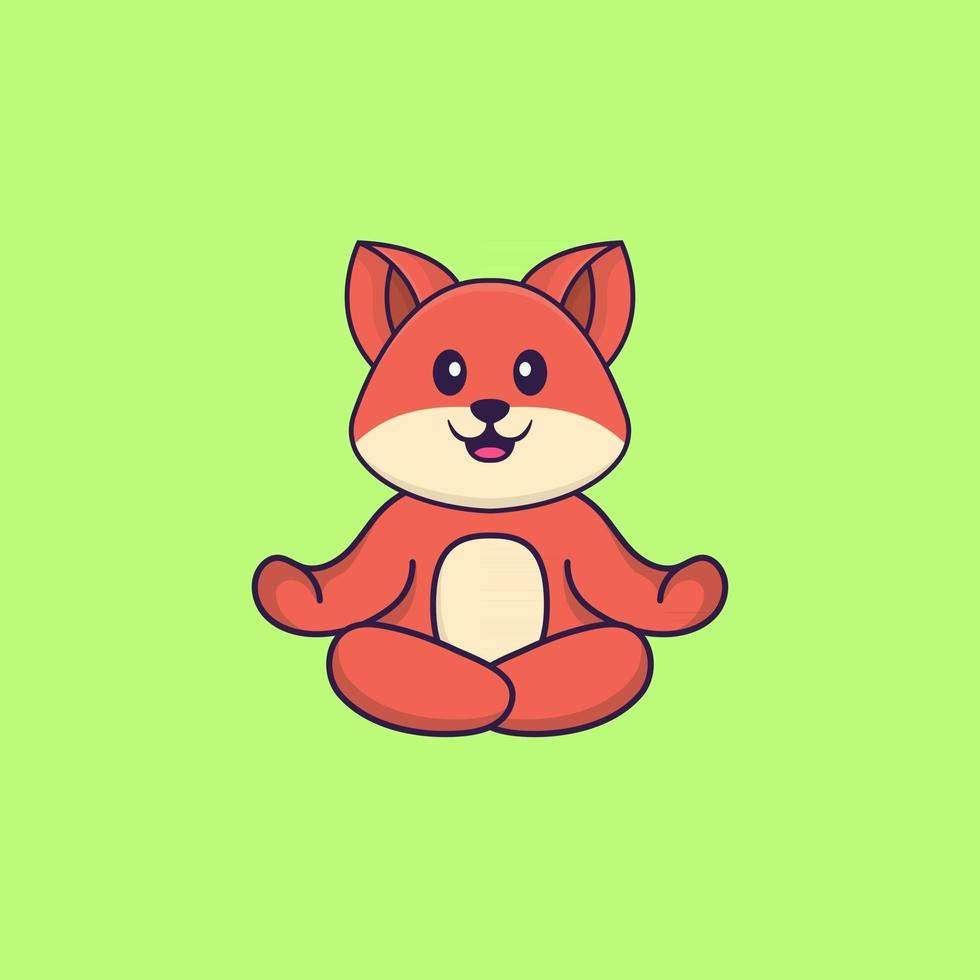 le renard mignon médite ou fait du yoga. concept de dessin animé animal isolé. peut être utilisé pour un t-shirt, une carte de voeux, une carte d'invitation ou une mascotte. style cartoon plat vecteur