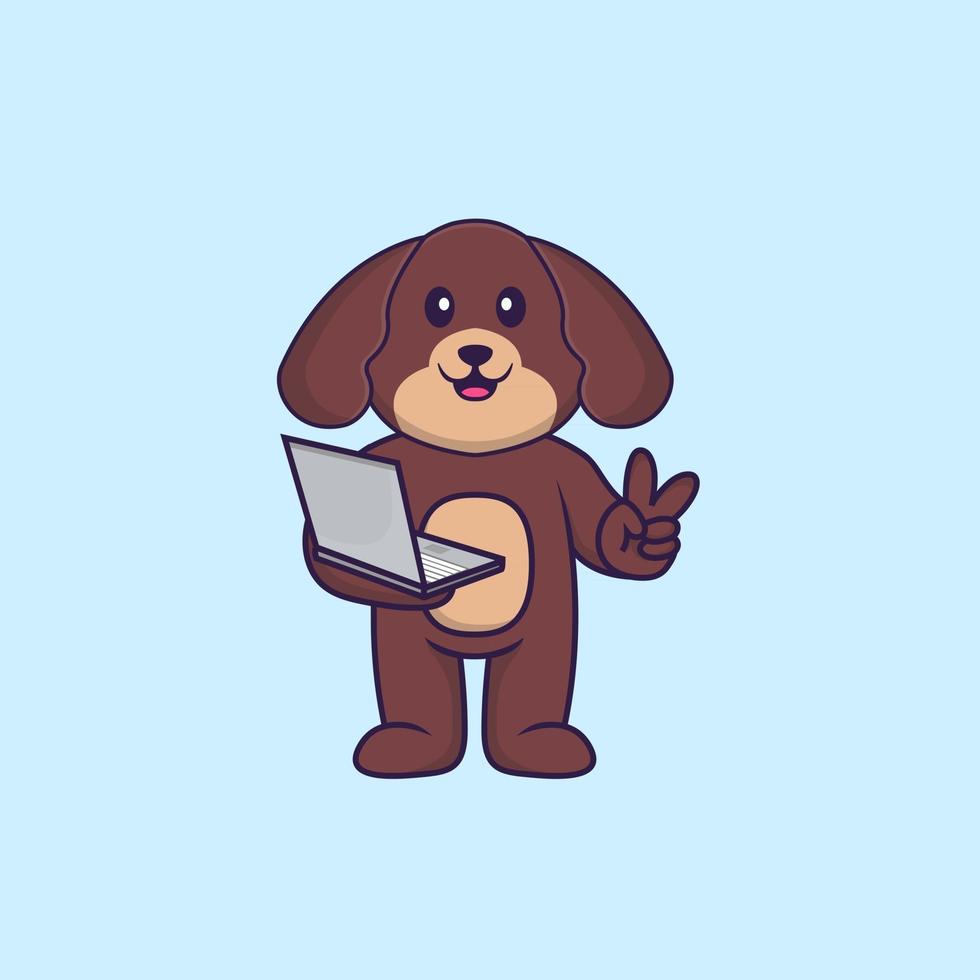 chien mignon tenant un ordinateur portable. concept de dessin animé animal isolé. peut être utilisé pour un t-shirt, une carte de voeux, une carte d'invitation ou une mascotte. style cartoon plat vecteur