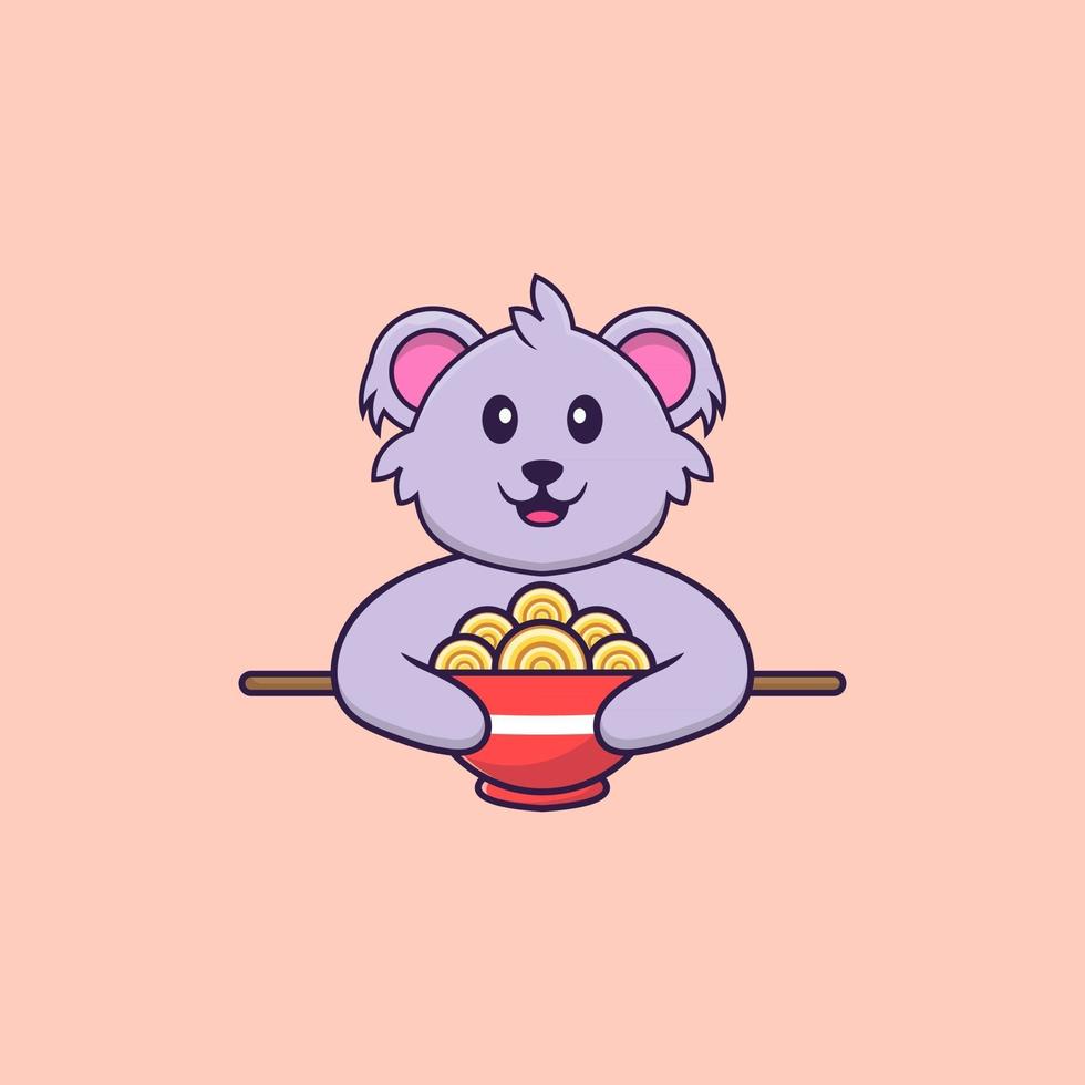 koala mignon mangeant des nouilles ramen. concept de dessin animé animal isolé. peut être utilisé pour un t-shirt, une carte de voeux, une carte d'invitation ou une mascotte. style cartoon plat vecteur