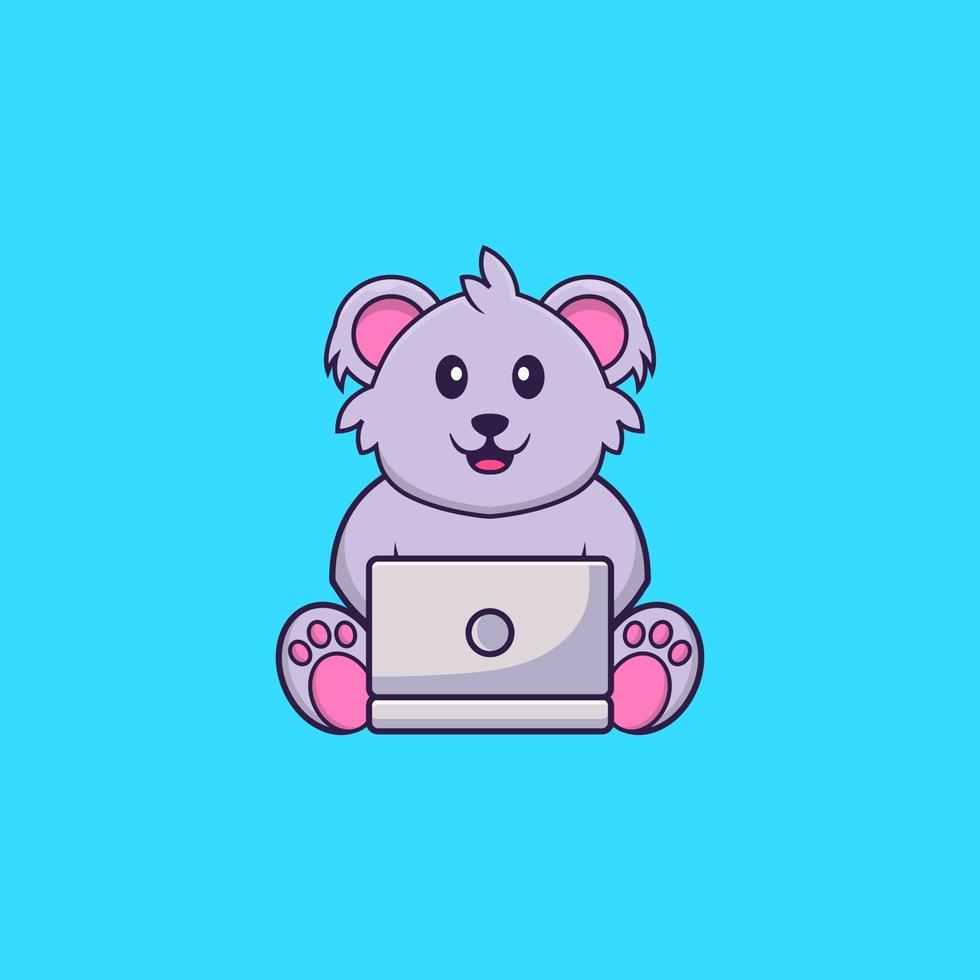 koala mignon utilisant un ordinateur portable. concept de dessin animé animal isolé. peut être utilisé pour un t-shirt, une carte de voeux, une carte d'invitation ou une mascotte. style cartoon plat vecteur