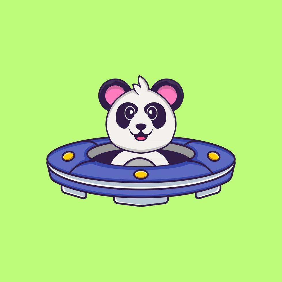 panda mignon conduisant un vaisseau spatial ufo. concept de dessin animé animal isolé. peut être utilisé pour un t-shirt, une carte de voeux, une carte d'invitation ou une mascotte. style cartoon plat vecteur