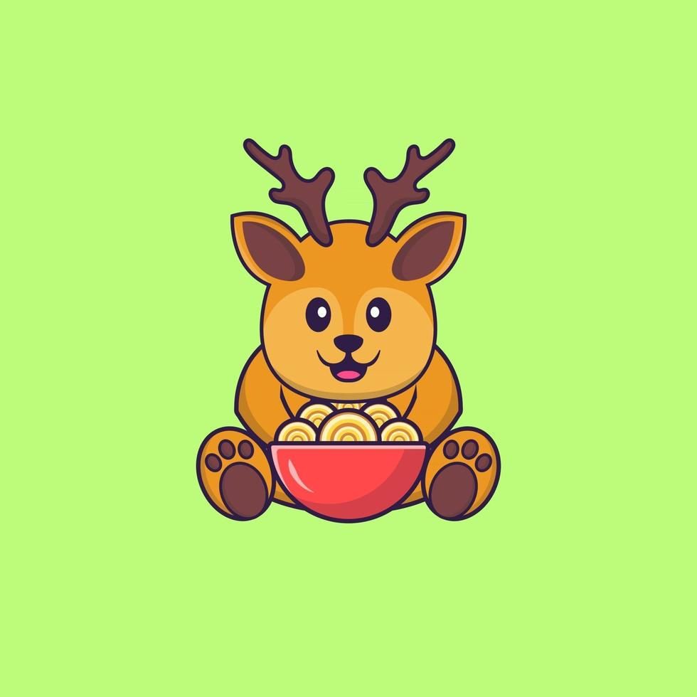 cerf mignon mangeant des nouilles ramen. concept de dessin animé animal isolé. peut être utilisé pour un t-shirt, une carte de voeux, une carte d'invitation ou une mascotte. style cartoon plat vecteur