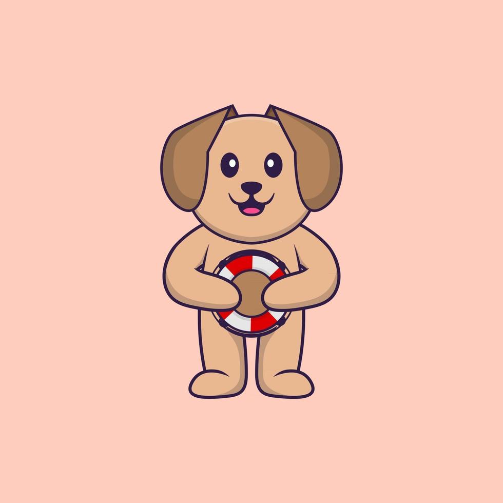 chien mignon tenant une bouée. concept de dessin animé animal isolé. peut être utilisé pour un t-shirt, une carte de voeux, une carte d'invitation ou une mascotte. style cartoon plat vecteur