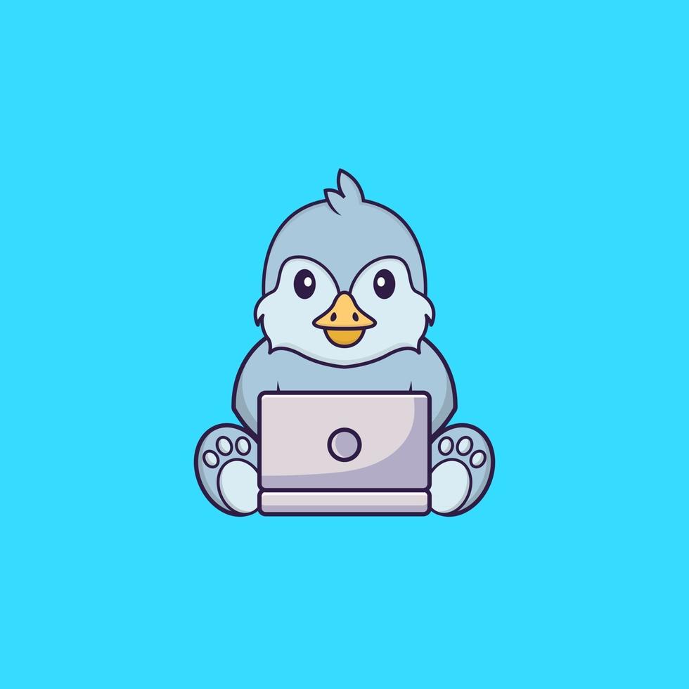 oiseau mignon utilisant un ordinateur portable. concept de dessin animé animal isolé. peut être utilisé pour un t-shirt, une carte de voeux, une carte d'invitation ou une mascotte. style cartoon plat vecteur