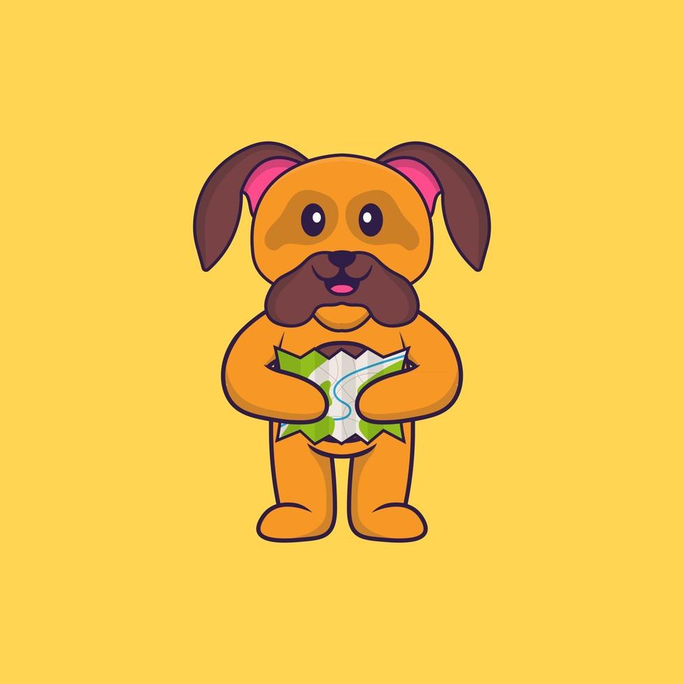 chien mignon tenant une carte. concept de dessin animé animal isolé. peut être utilisé pour un t-shirt, une carte de voeux, une carte d'invitation ou une mascotte. style cartoon plat vecteur