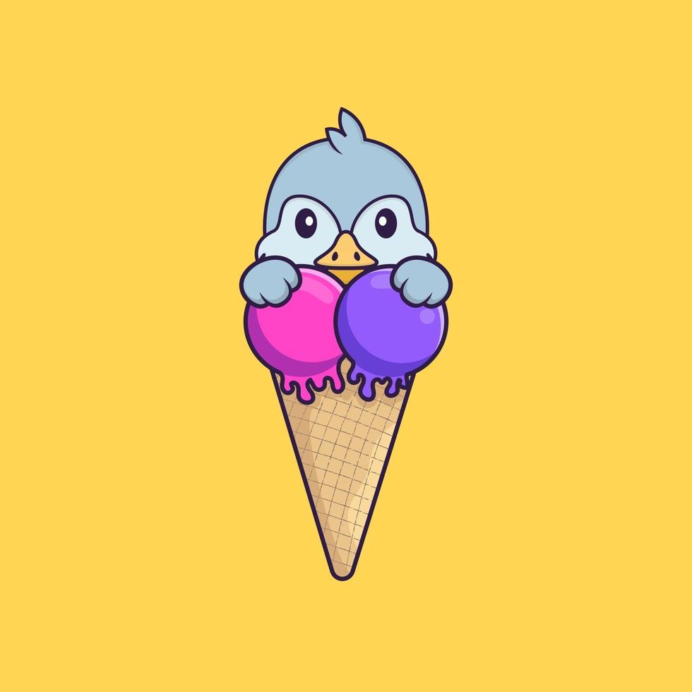 oiseau mignon avec de la crème glacée sucrée. concept de dessin animé animal isolé. peut être utilisé pour un t-shirt, une carte de voeux, une carte d'invitation ou une mascotte. style cartoon plat vecteur