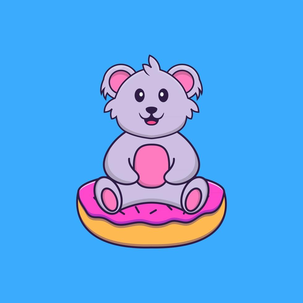 le koala mignon est assis sur des beignets. concept de dessin animé animal isolé. peut être utilisé pour un t-shirt, une carte de voeux, une carte d'invitation ou une mascotte. style cartoon plat vecteur