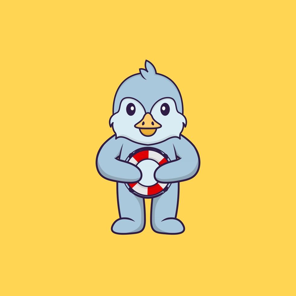 oiseau mignon tenant une bouée. concept de dessin animé animal isolé. peut être utilisé pour un t-shirt, une carte de voeux, une carte d'invitation ou une mascotte. style cartoon plat vecteur