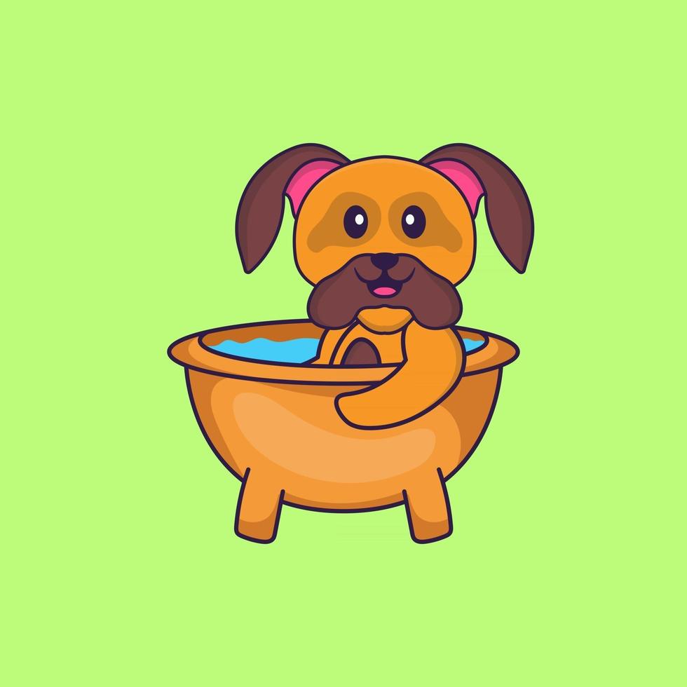 chien mignon prenant un bain dans la baignoire. concept de dessin animé animal isolé. peut être utilisé pour un t-shirt, une carte de voeux, une carte d'invitation ou une mascotte. style cartoon plat vecteur