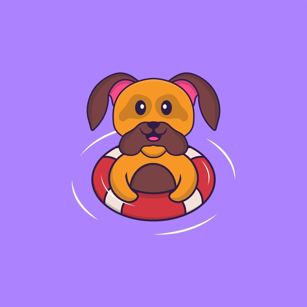 chien mignon nage avec une bouée. concept de dessin animé animal isolé. peut être utilisé pour un t-shirt, une carte de voeux, une carte d'invitation ou une mascotte. style cartoon plat vecteur