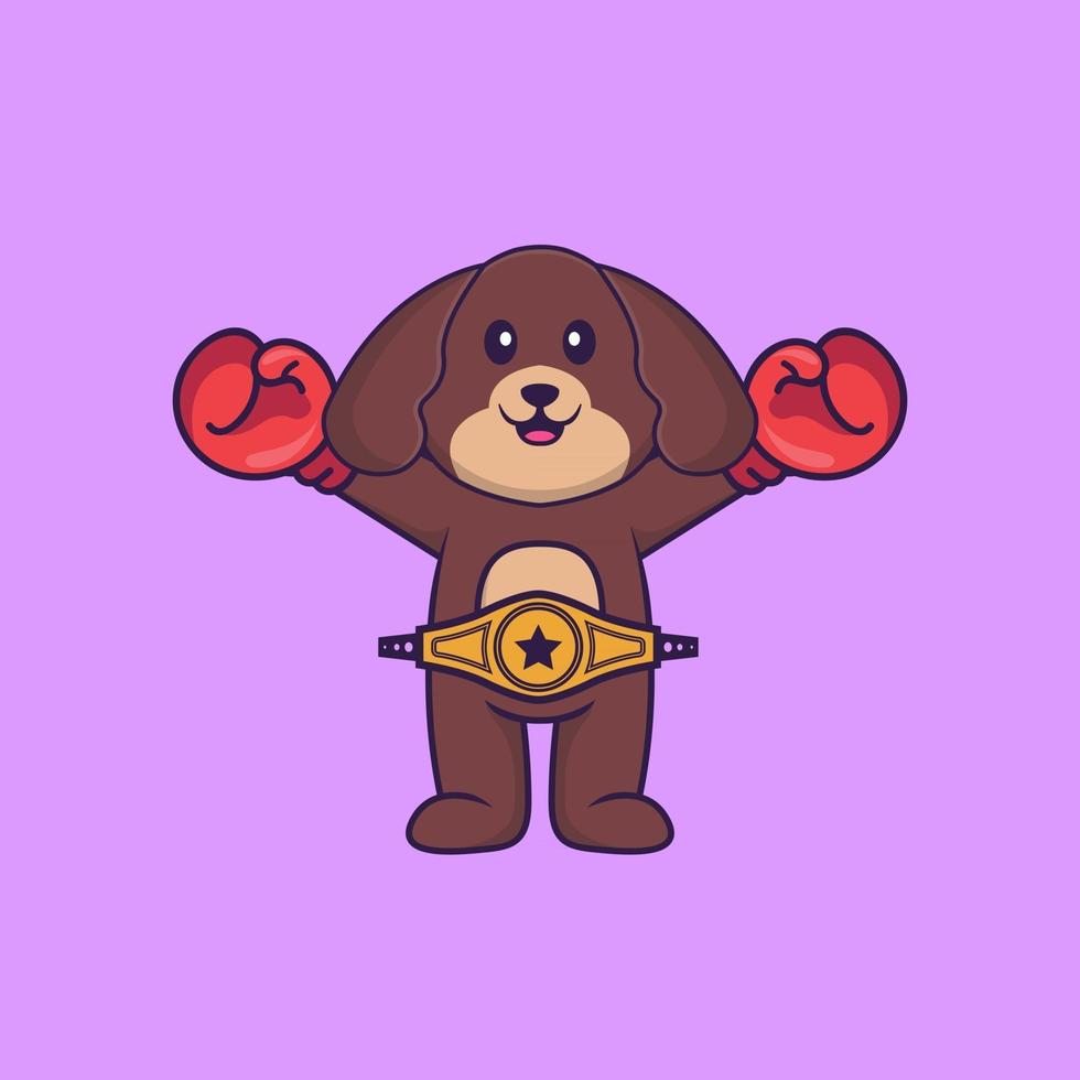 chien mignon en costume de boxeur avec ceinture de champion. concept de dessin animé animal isolé. peut être utilisé pour un t-shirt, une carte de voeux, une carte d'invitation ou une mascotte. style cartoon plat vecteur