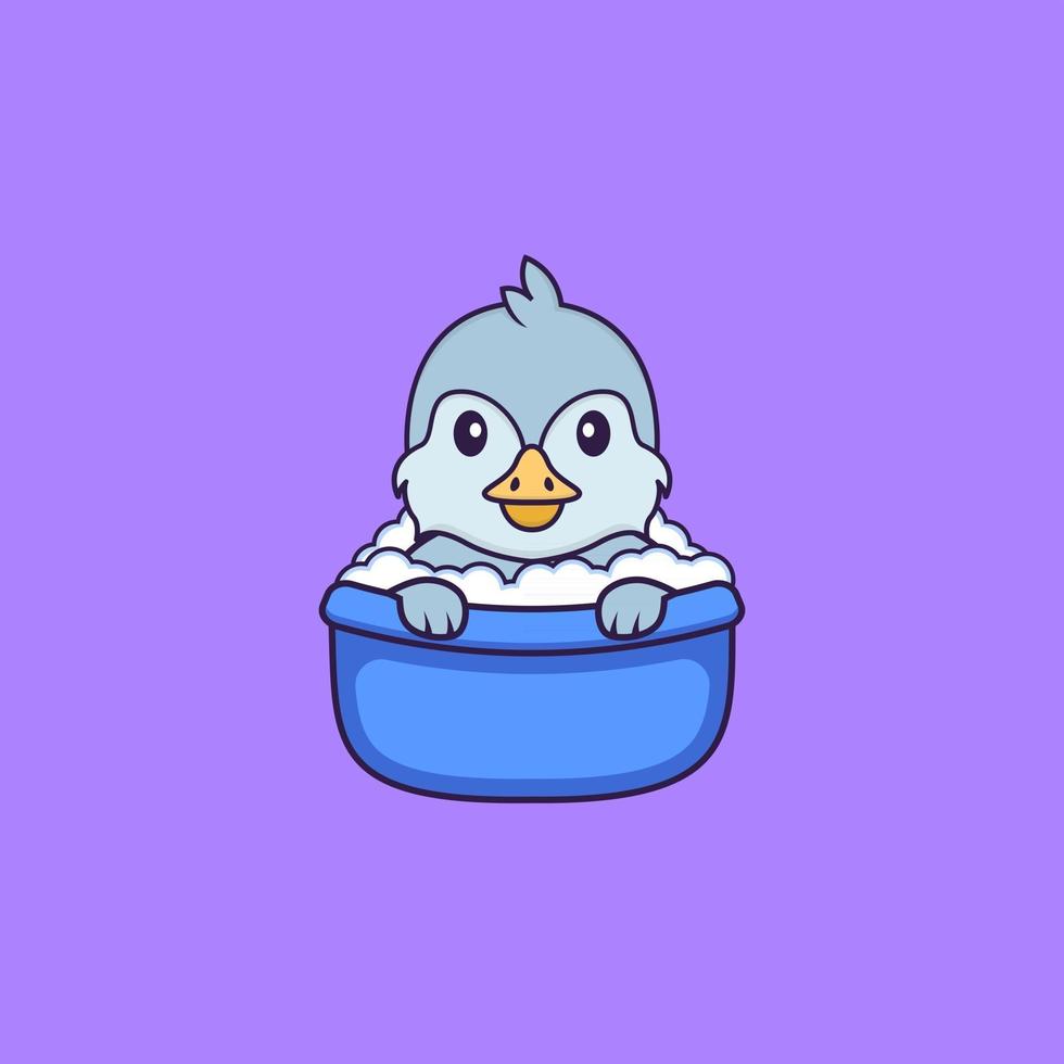 oiseau mignon prenant un bain dans la baignoire. concept de dessin animé animal isolé. peut être utilisé pour un t-shirt, une carte de voeux, une carte d'invitation ou une mascotte. style cartoon plat vecteur