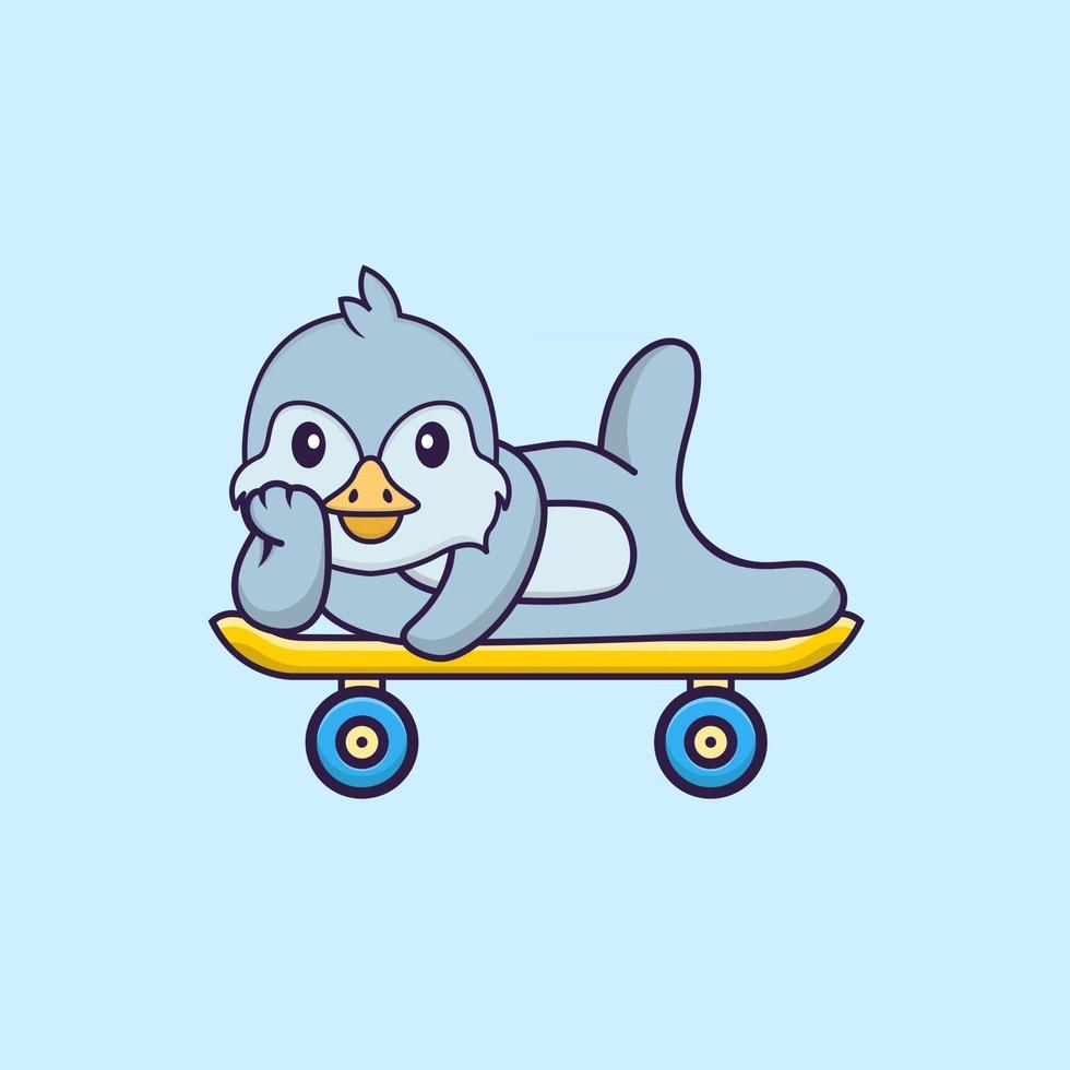 oiseau mignon allongé sur une planche à roulettes. concept de dessin animé animal isolé. peut être utilisé pour un t-shirt, une carte de voeux, une carte d'invitation ou une mascotte. style cartoon plat vecteur