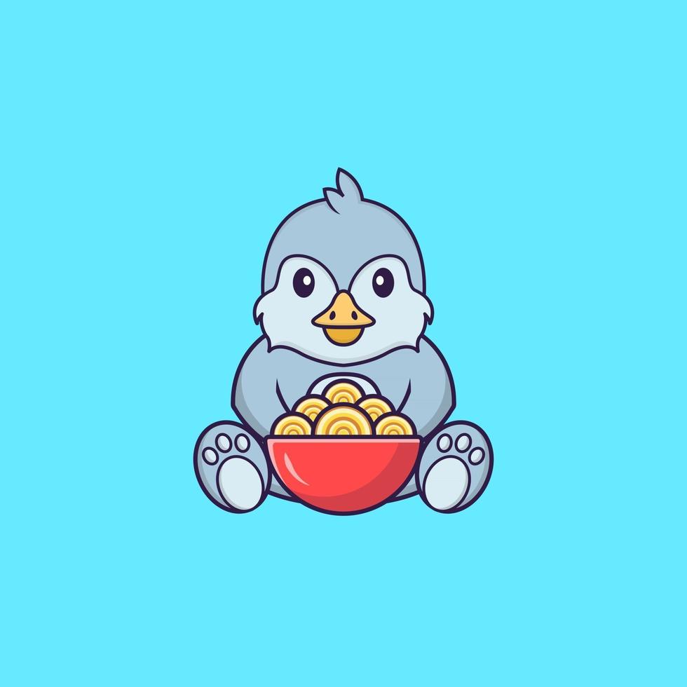 oiseau mignon mangeant des nouilles ramen. concept de dessin animé animal isolé. peut être utilisé pour un t-shirt, une carte de voeux, une carte d'invitation ou une mascotte. style cartoon plat vecteur